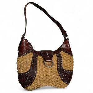 BRIGHTON Brown Woven Straw Croc Embossed Western Leather Shoulder Bag